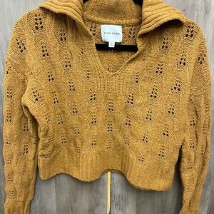 Pink Rose V-Neck Sweater in Warm Mustard